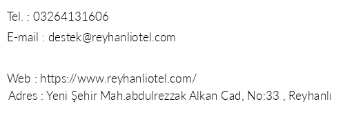 Reyhanl Miray Otel telefon numaralar, faks, e-mail, posta adresi ve iletiim bilgileri